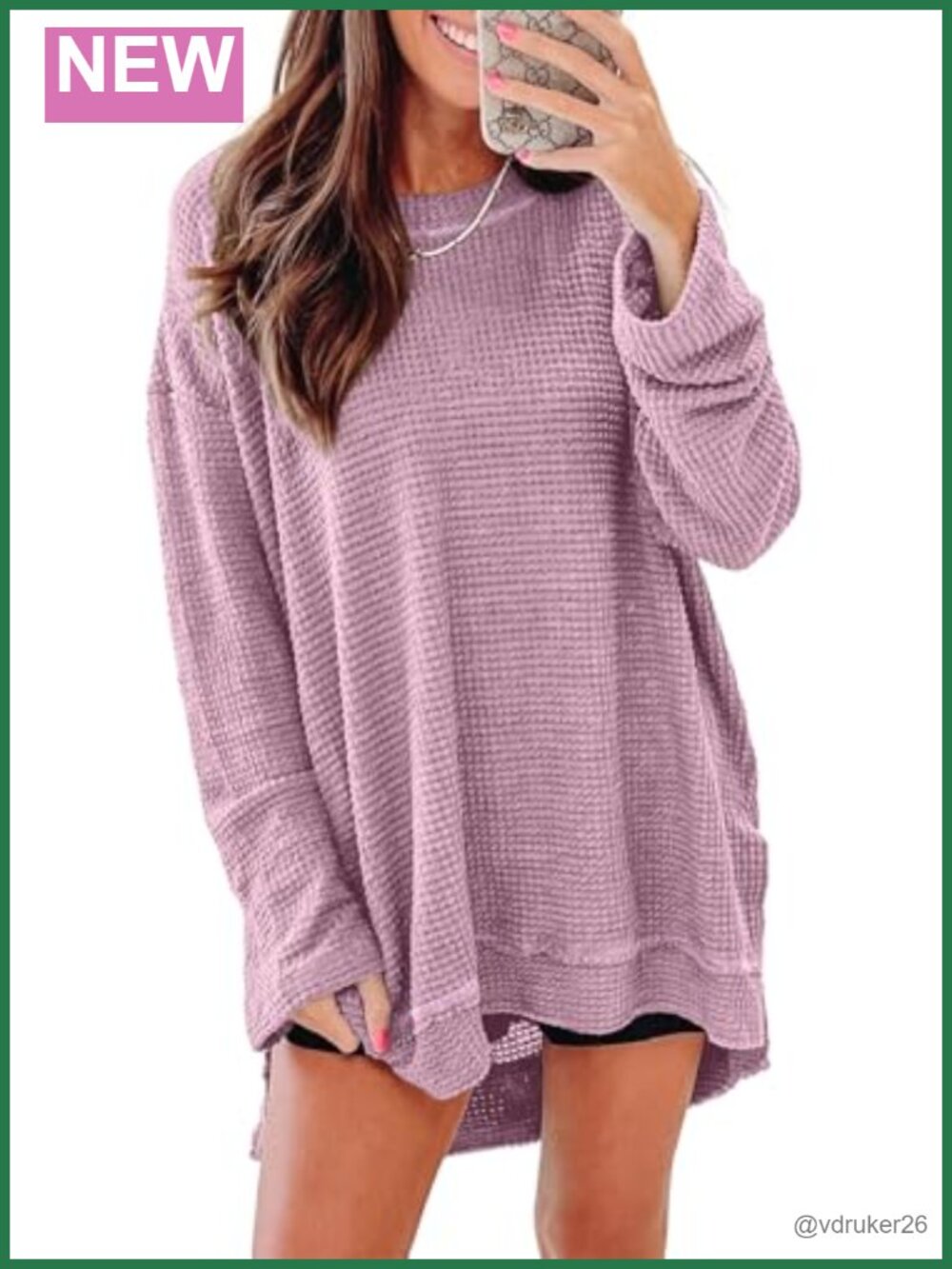 Oversized Waffle Knit Long Sleeve Crewneck Tunic Top